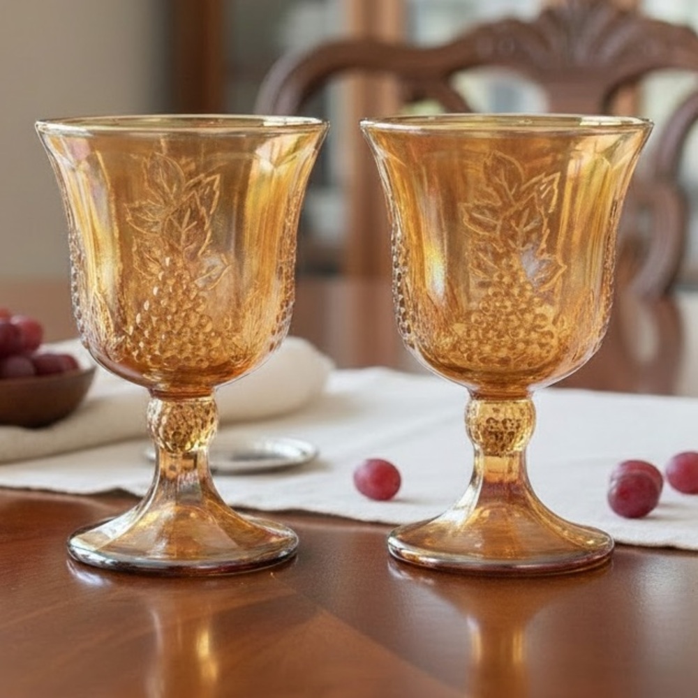Vintage Harvest Carnival Amber by Colony Glass Iridescent Water Goblet Pair (2)